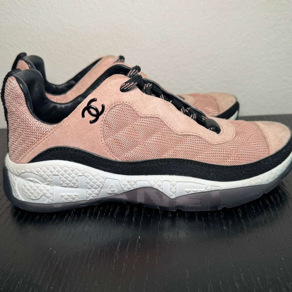 Chanel Low Top Calfskin Sneakers Quilted Mesh Suede Trim G38290 Pink